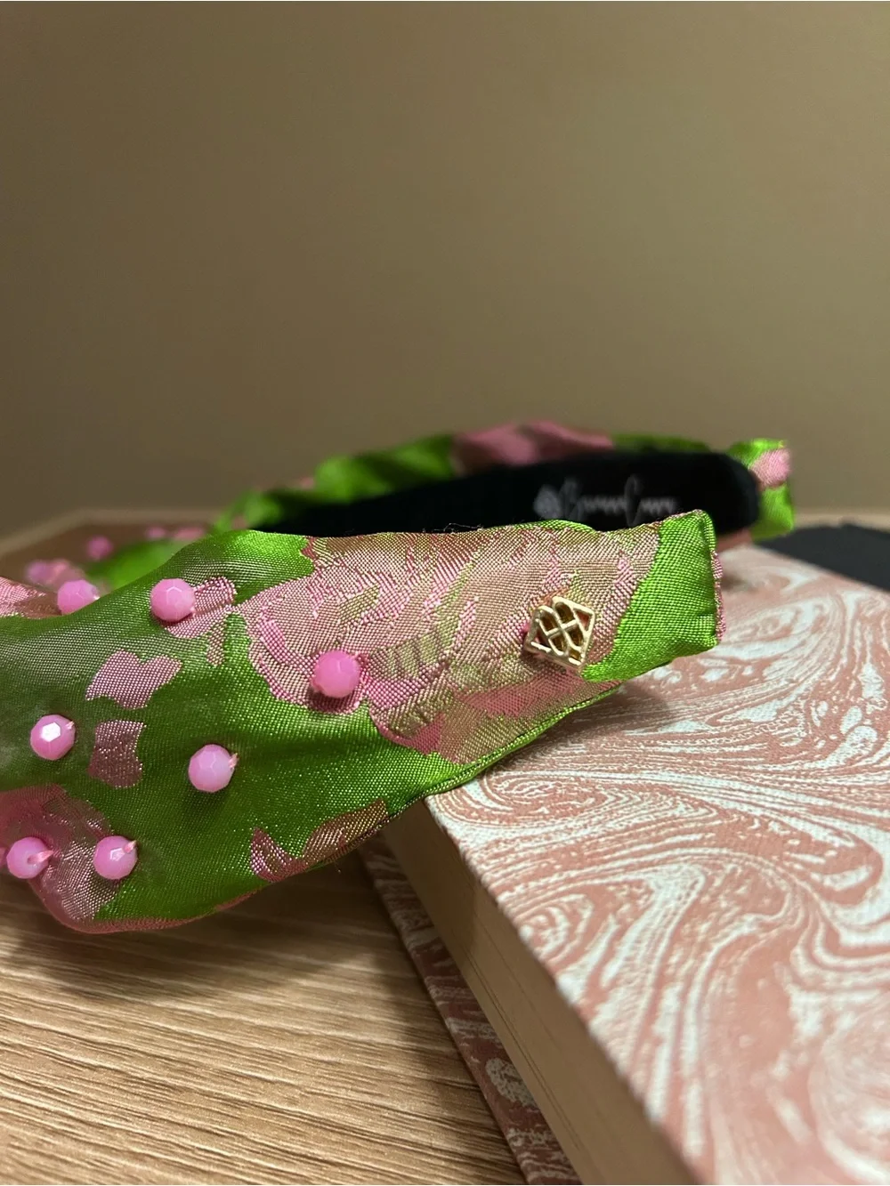 Brianna Cannon Pink and Green Floral Satin Twist Knot Beaded Headband